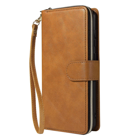 For Samsung A01/A21/A31/A41/A51 Pu Leather  Mobile Phone Cover Zipper Card Bag + Wrist Strap brown