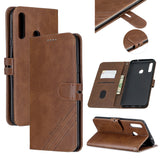 For Samsung A10S A20S Solid Color Denim Texture Front Clasp Bracket Leather Mobile Phone Cover brown
