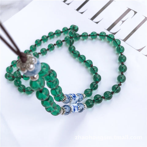 Fashion Hand-woven Mobile Phone Chain Blue White Porcelain Crystal Shiny Pendant  green