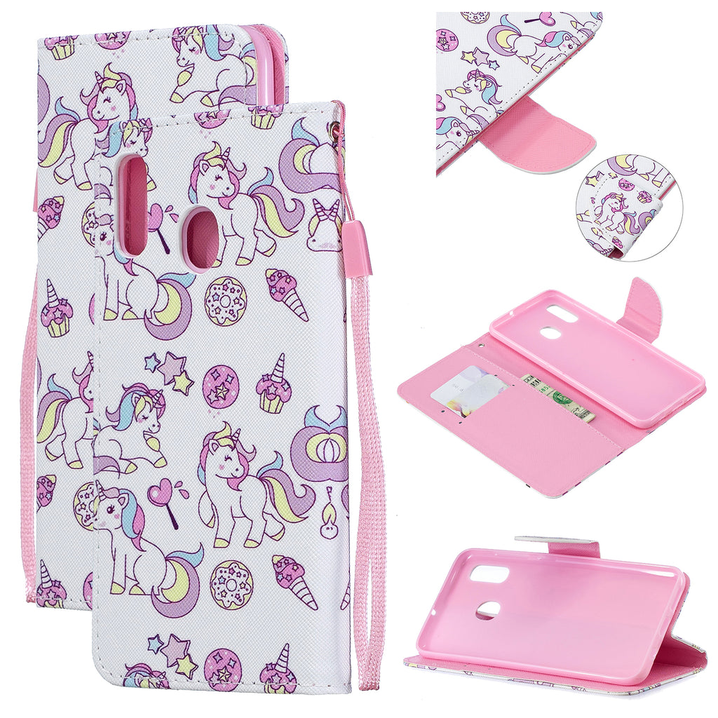 For Samsung A10/A20/A30 Smartphone Case PU Leather Wallet Design Cellphone Cover with Card Holder Stand Available Ice cream unicorn