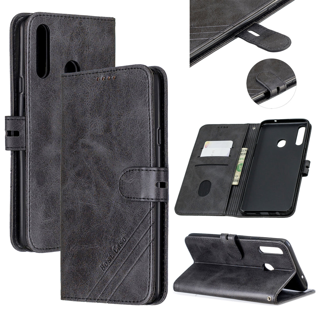 For Samsung A10S A20S Solid Color Denim Texture Front Clasp Bracket Leather Mobile Phone Cover black