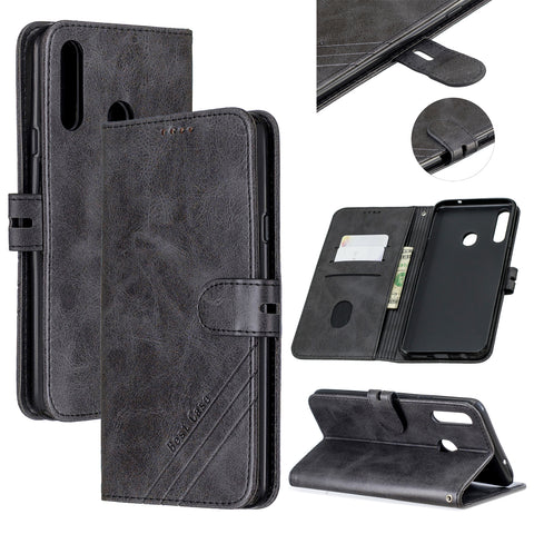 For Samsung A10S A20S Solid Color Denim Texture Front Clasp Bracket Leather Mobile Phone Cover black